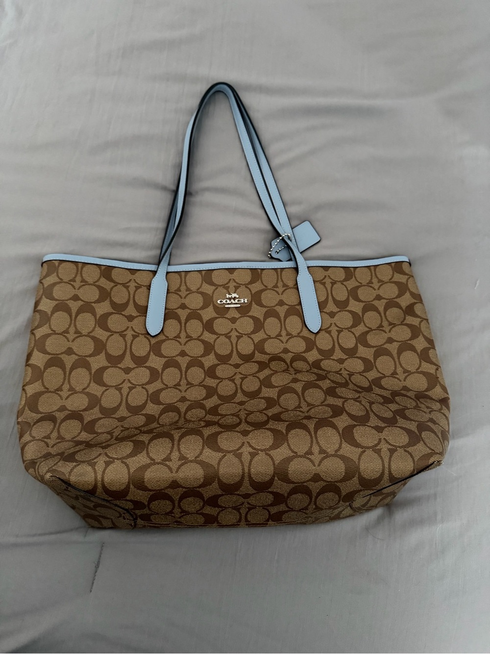 Coach Brown Signature Tote with Light Blue Trim